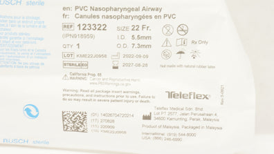 Teleflex 123322 PVC Nasopharyngeal Airway 22Fr. x 5.5mm I.D. x 7.3mm O.D.